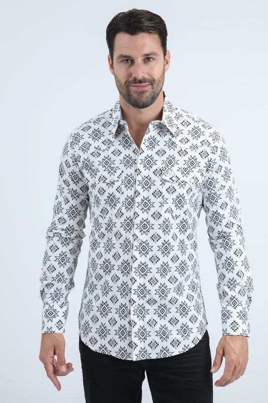 Mens Western Modern Fit Cotton/Spandex Long Sleeve White Shirt with Snaps
