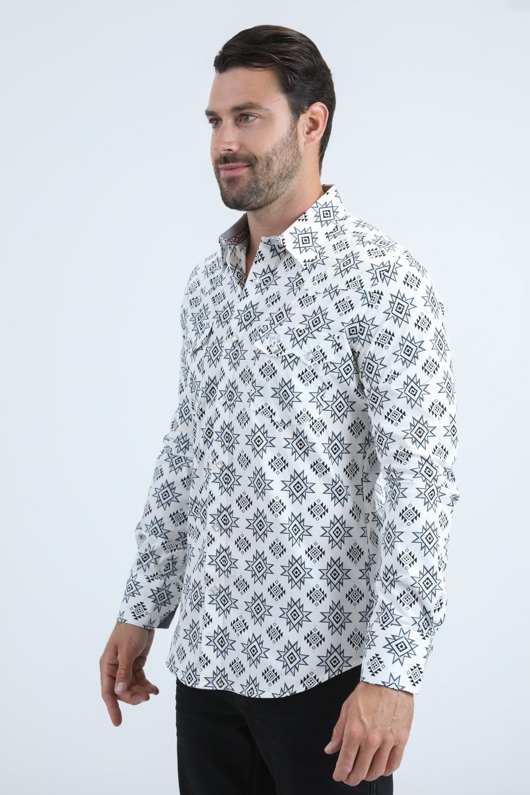 Mens Western Modern Fit Cotton/Spandex Long Sleeve White Shirt with Snaps