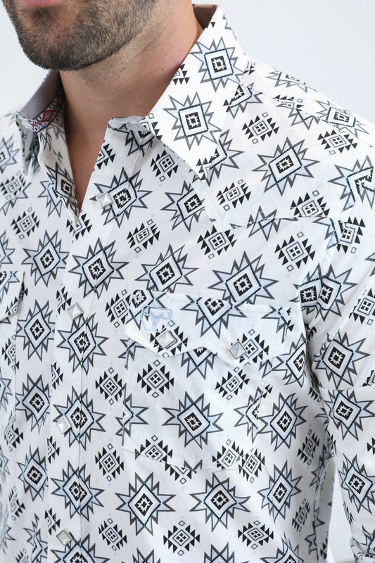 white tribal stripe western shirt men platini close-up