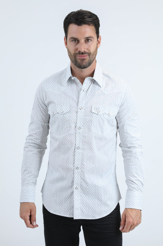 Mens Western Modern Fit Cotton/Spandex Long Sleeve White Shirt with Snaps