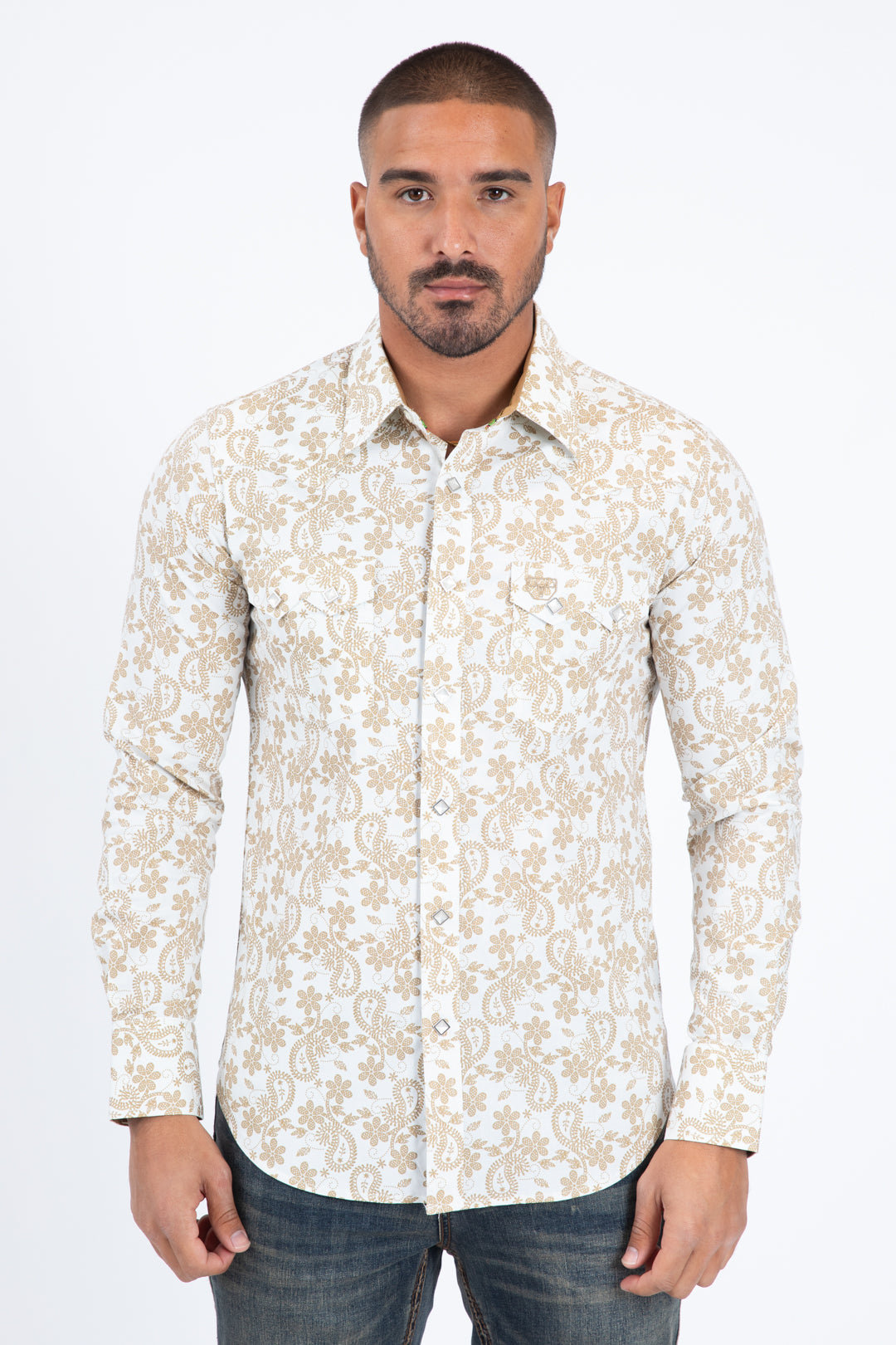 Mens Western Modern Fit Cotton/Spandex Long Sleeve White Shirt with Sn –  Platini Fashion