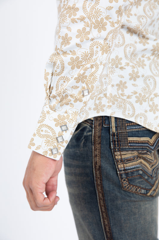 white organic botanical western shirt men platini close-up