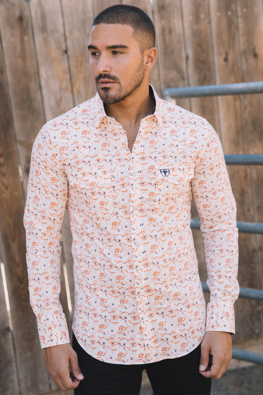 Mens Western Modern Fit Cotton/Spandex Long Sleeve White Shirt with Snaps