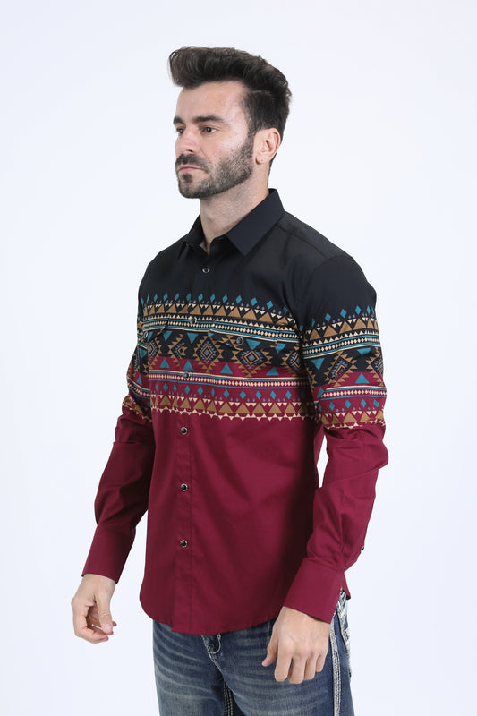 wine geometric diamond western shirt men platini back