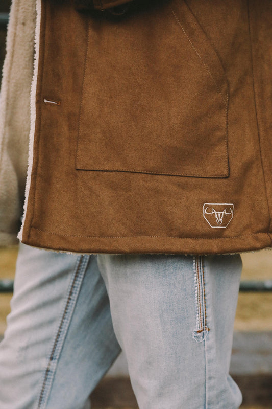 brown western long faux suede coat platini detail