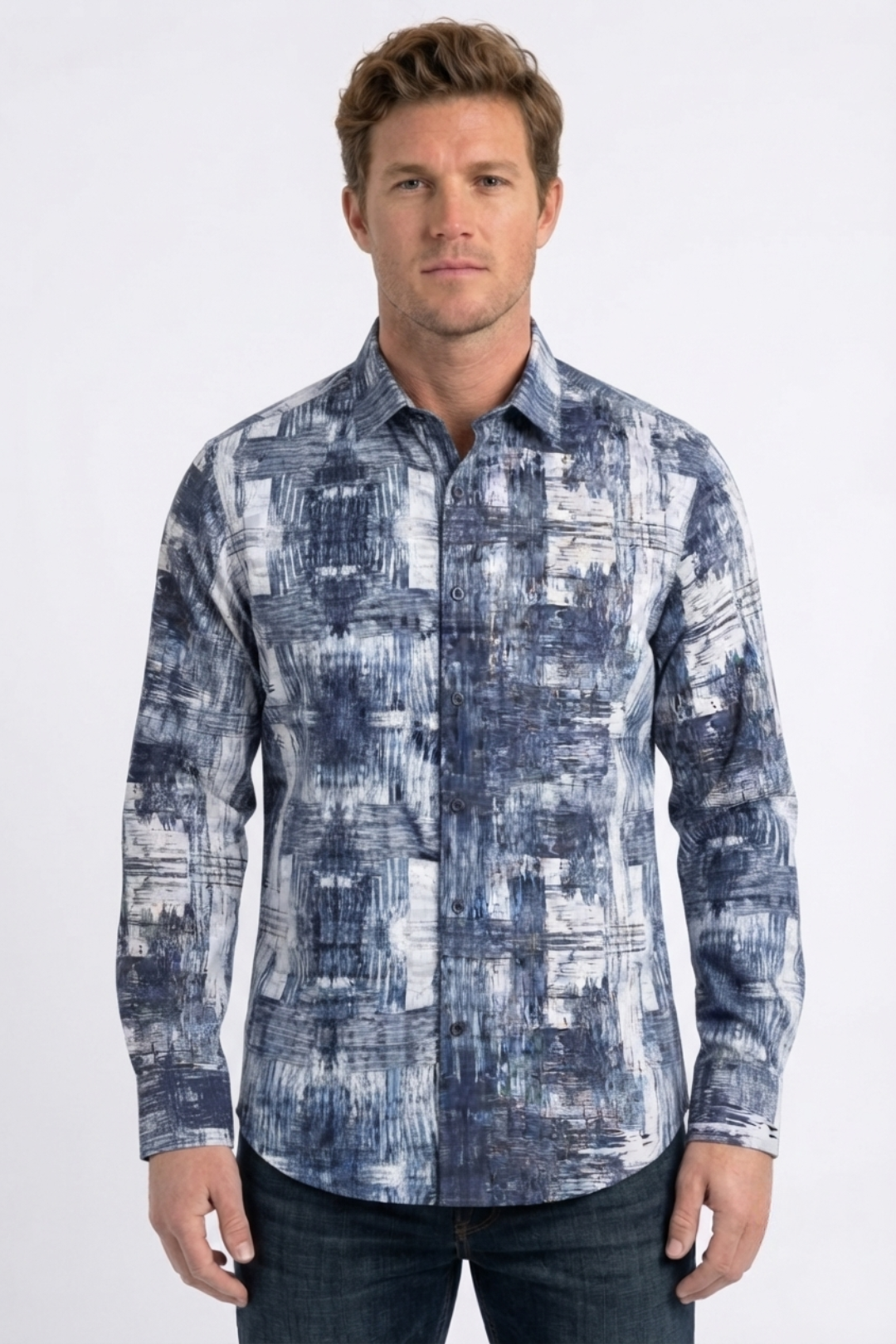 white abstract jacquard dress shirt men platini front