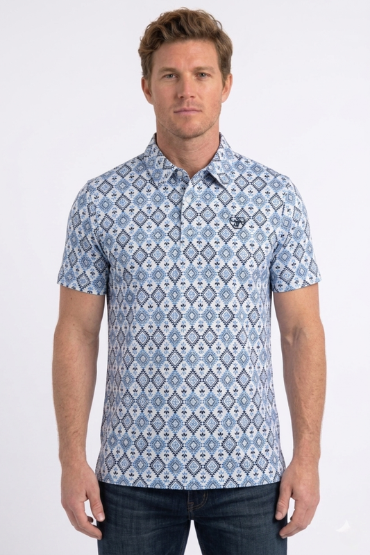 white aztec geometric performance polo men platini front