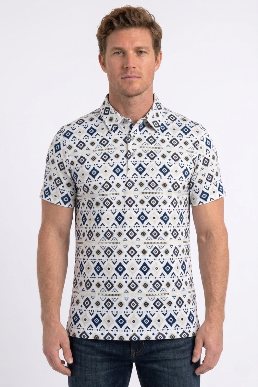 white aztec geometric performance polo ii men platini front