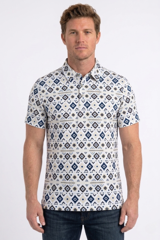 white aztec geometric performance polo ii men platini front