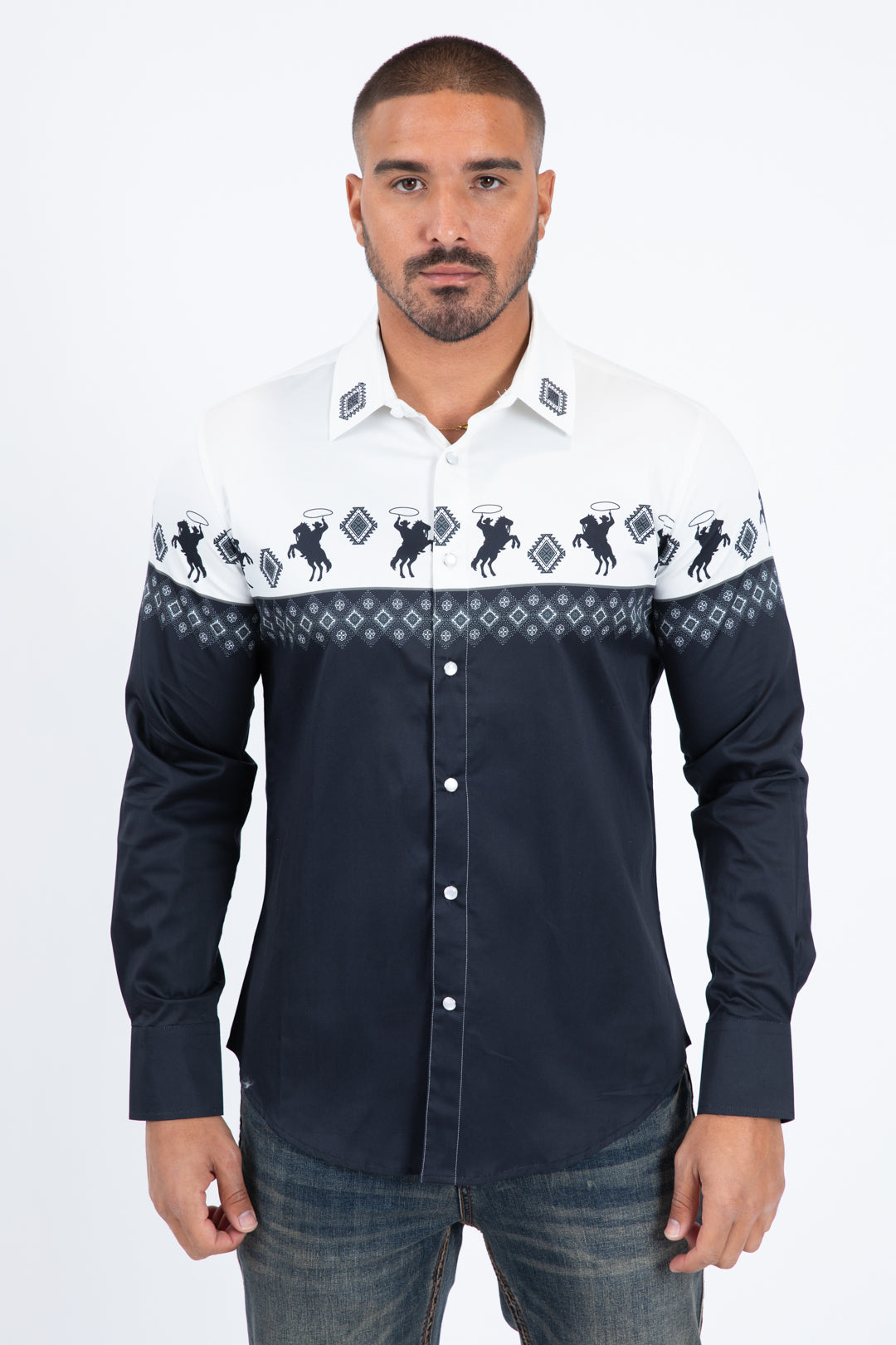 white black western rodeo graphic dress shirt men platini front