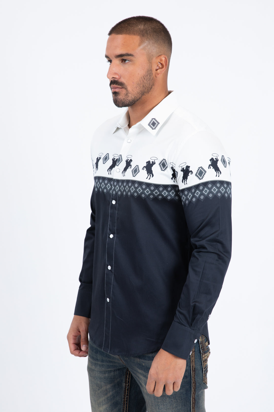 white black western rodeo graphic dress shirt men platini side