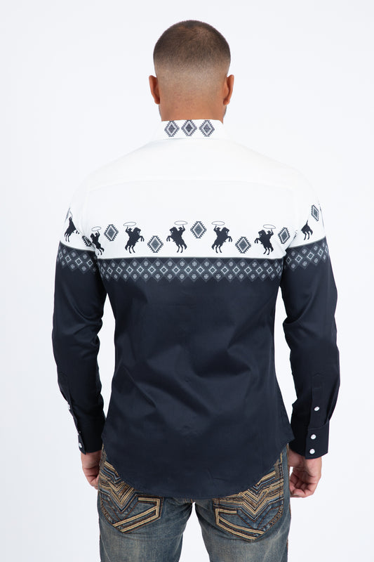 navy western rodeo graphic dress shirt men platini detail-2