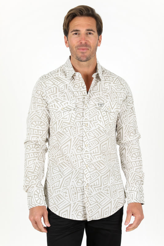 Men's Modern Fit Panoramic Aztec Print White Long Sleeve Shirt