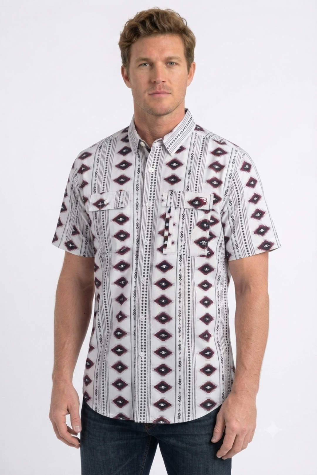 white diamond tribal print performance shirt men platini front