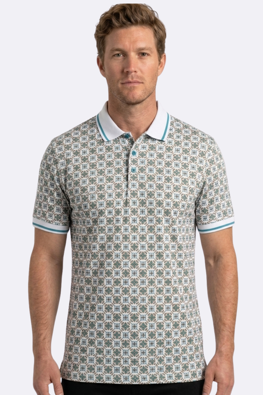 white floral medallion print polo men platini front