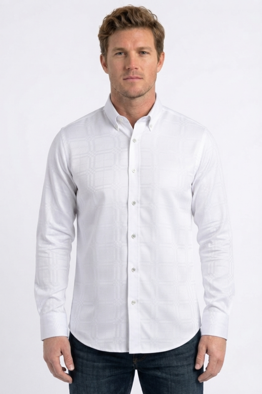 white geometric plaid jacquard dress shirt men platini front