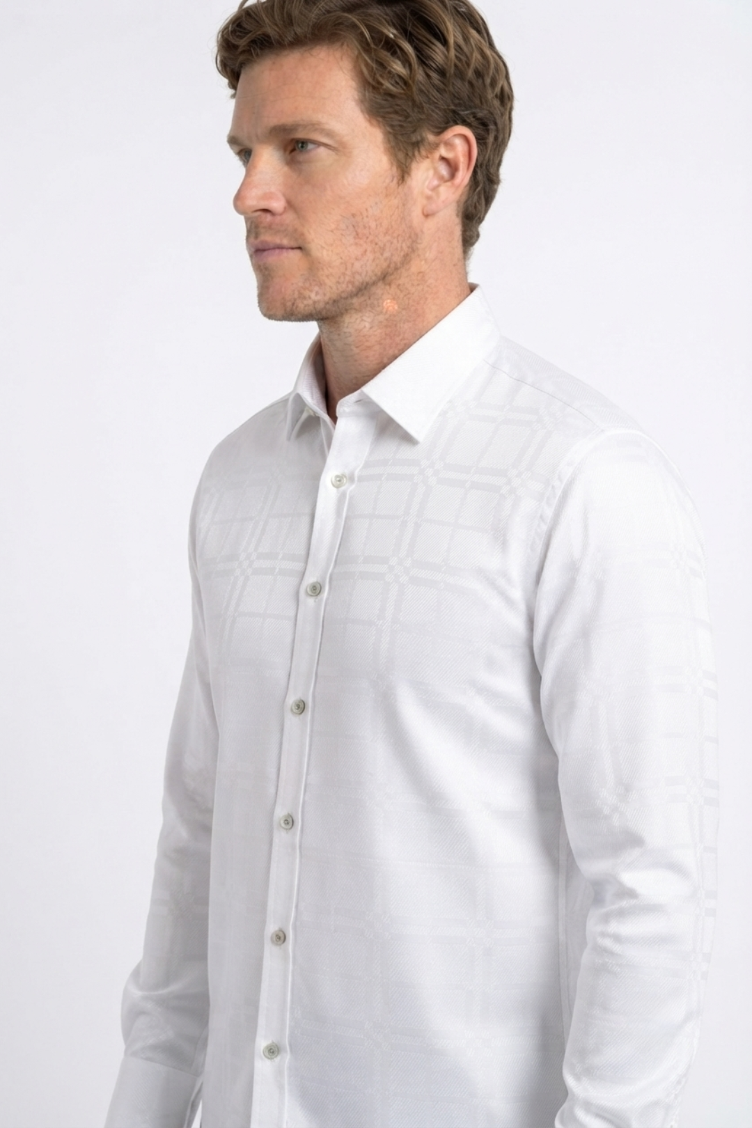 white geometric plaid jacquard dress shirt men platini back