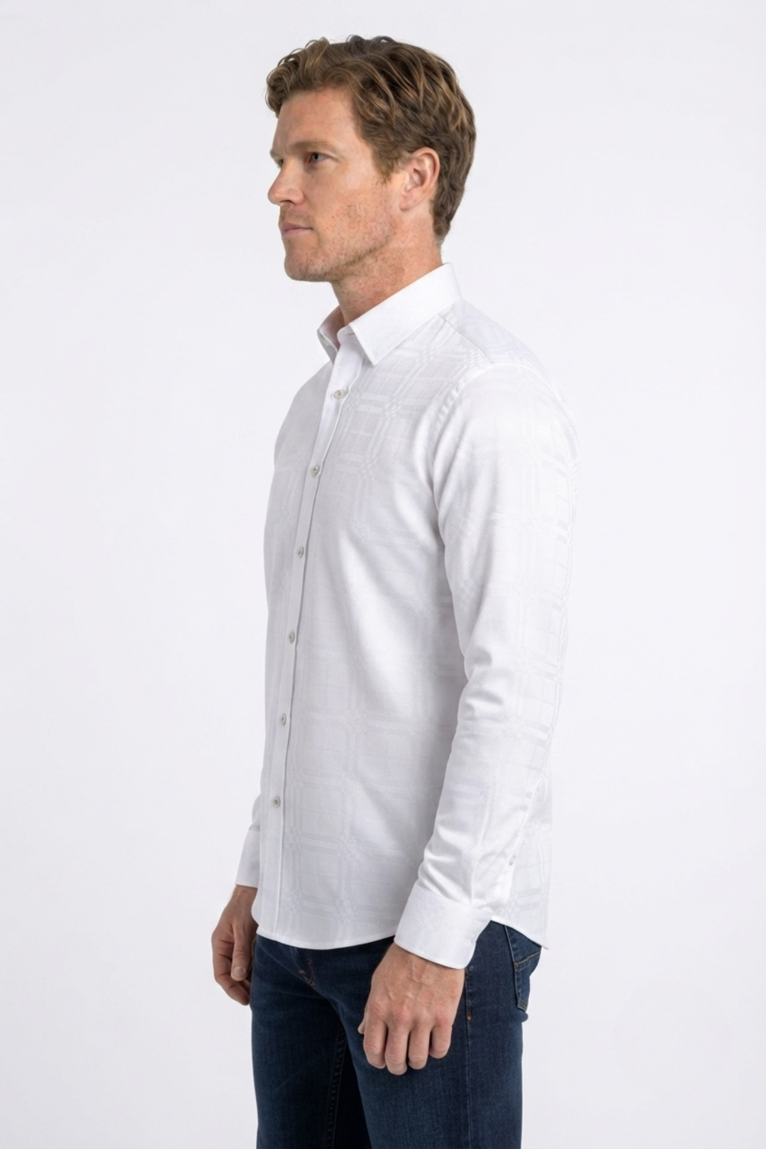 white geometric plaid jacquard dress shirt men platini detail