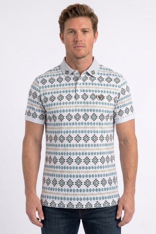 white geometric tribal band print polo men platini front