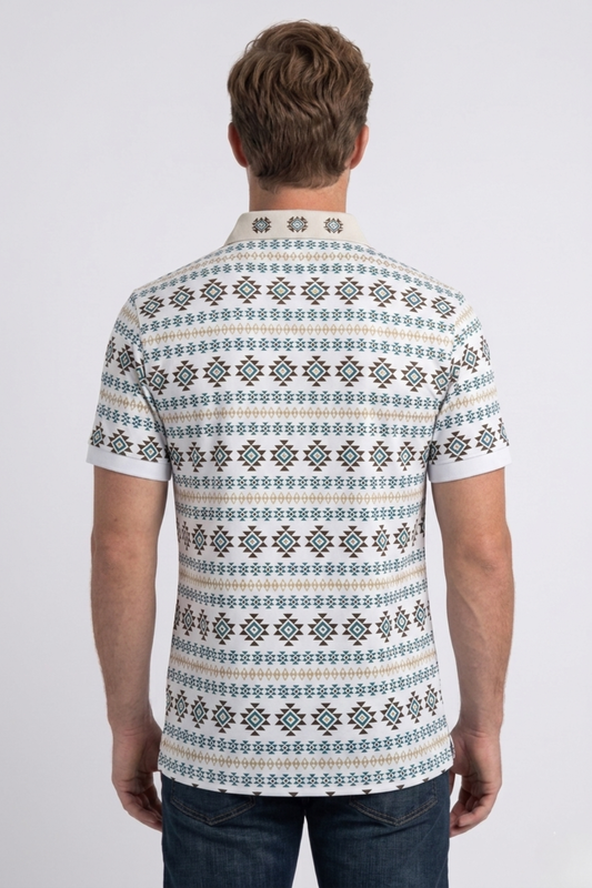 white geometric tribal band print polo men platini back