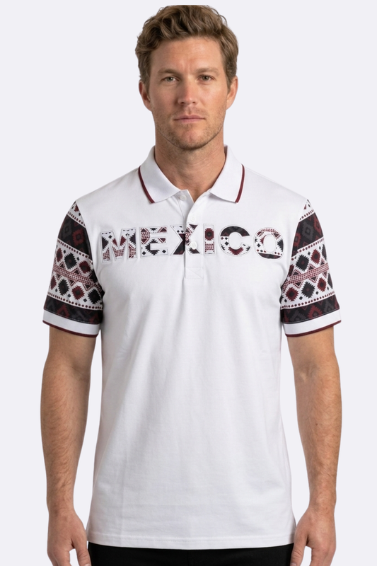 white mexico tribal sleeve polo men platini front