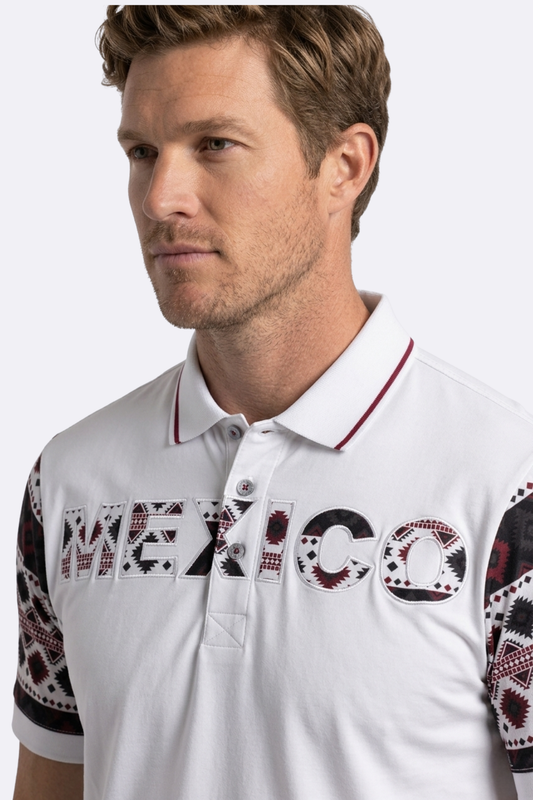 white mexico tribal sleeve polo men platini detail