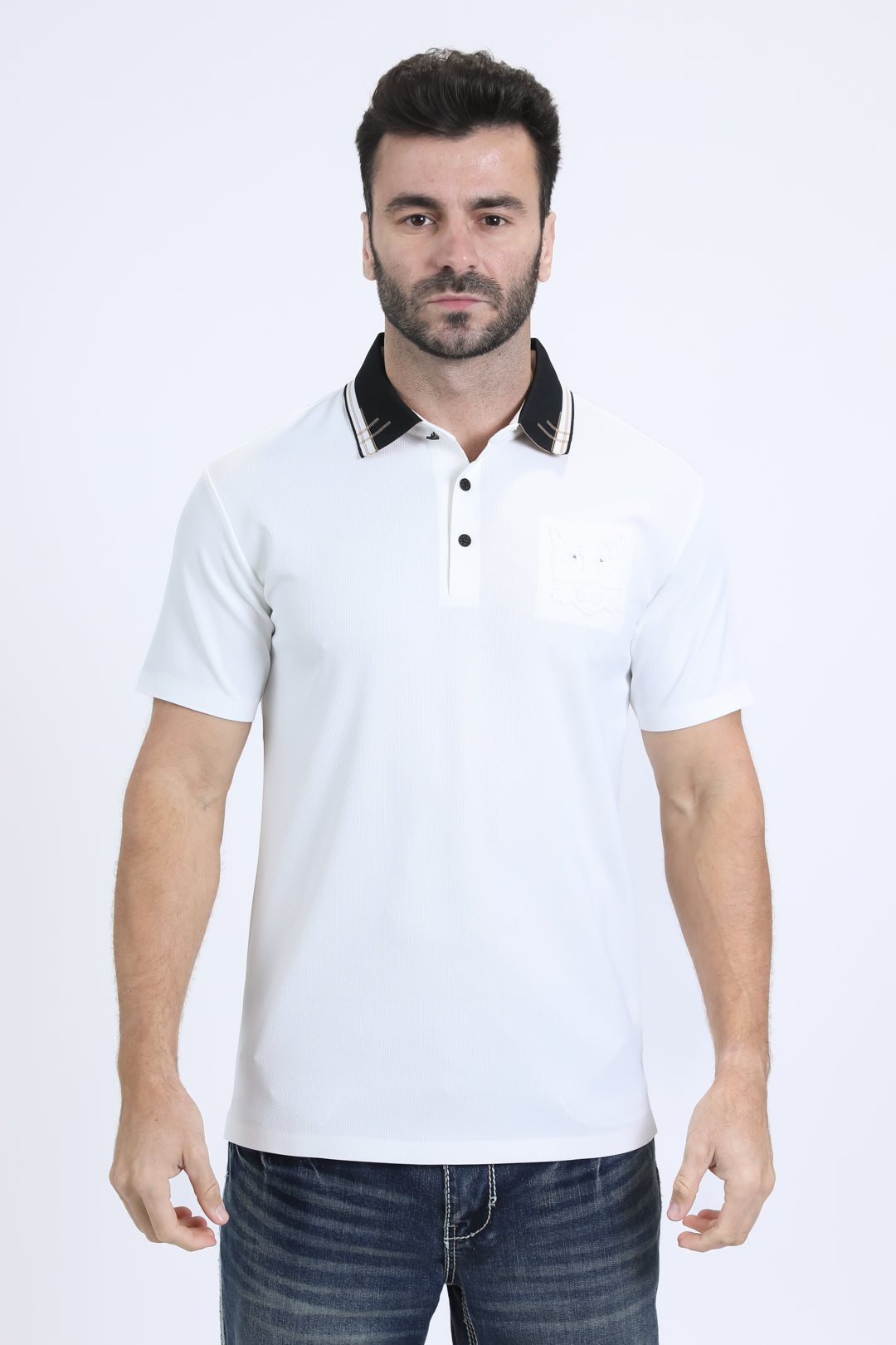 white micro print polo front platini