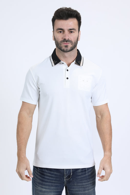 white micro print polo front platini