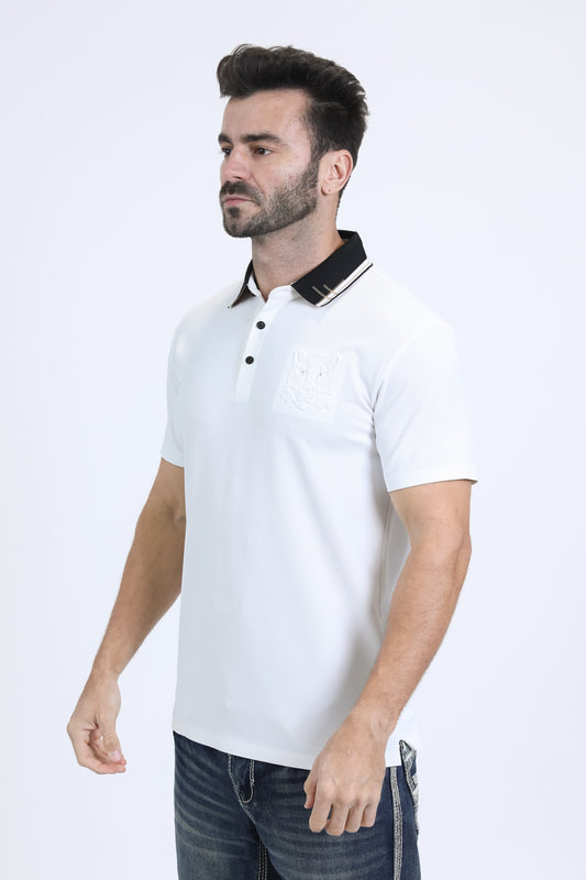 white micro print polo side platini