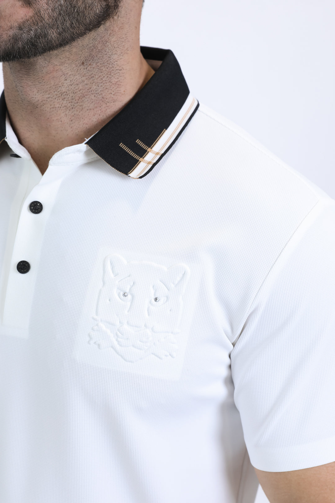 white micro print polo detail platini