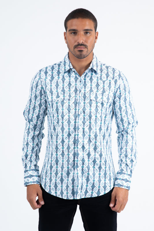 white modern ethnic pattern western shirt men platini front