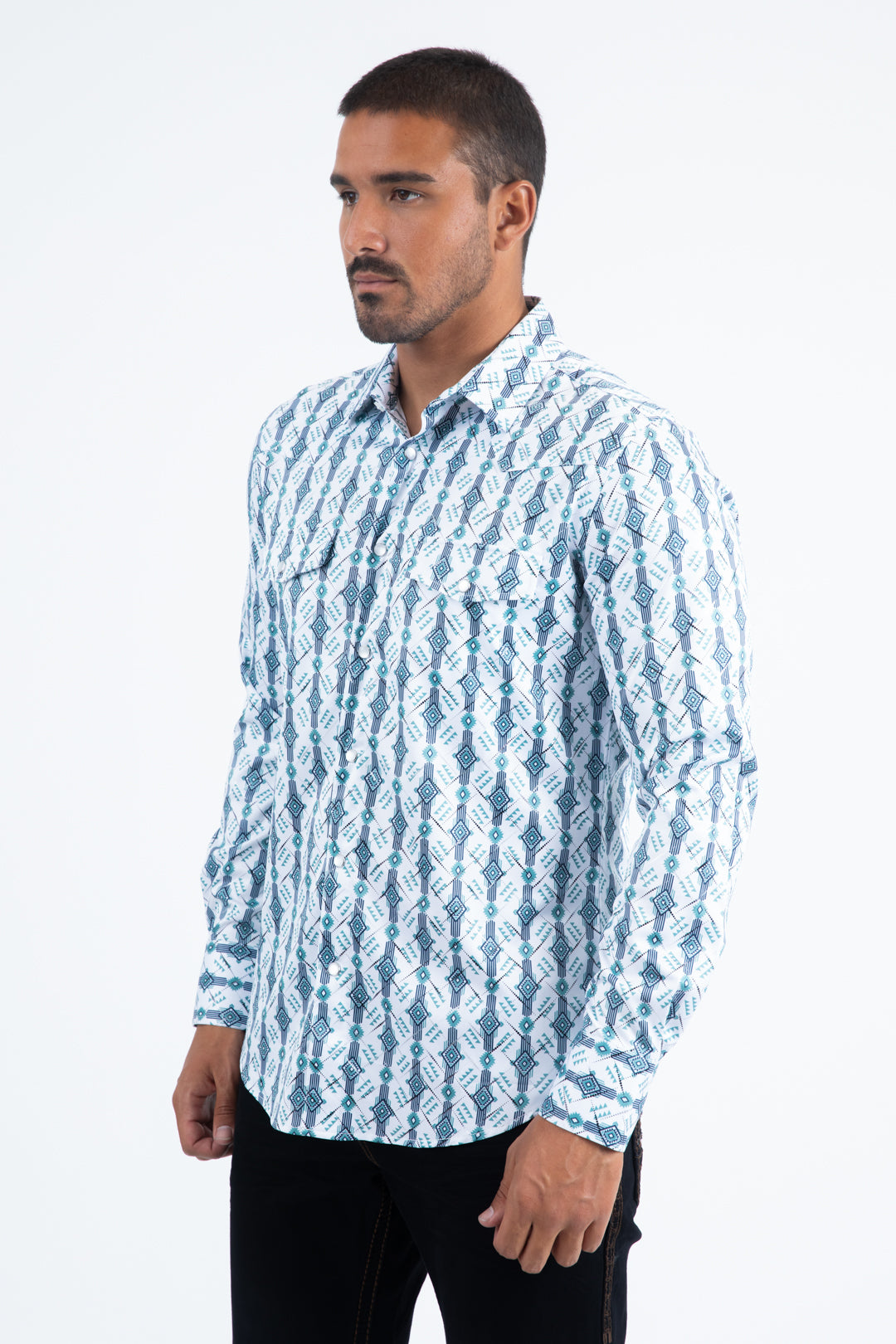 white modern ethnic pattern western shirt men platini side