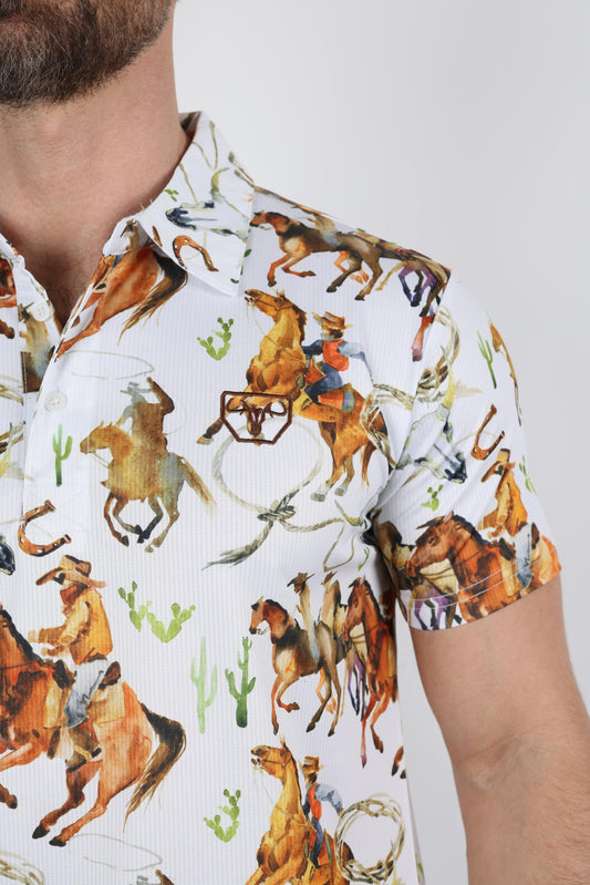 white rodeo scene performance polo men platini close-up