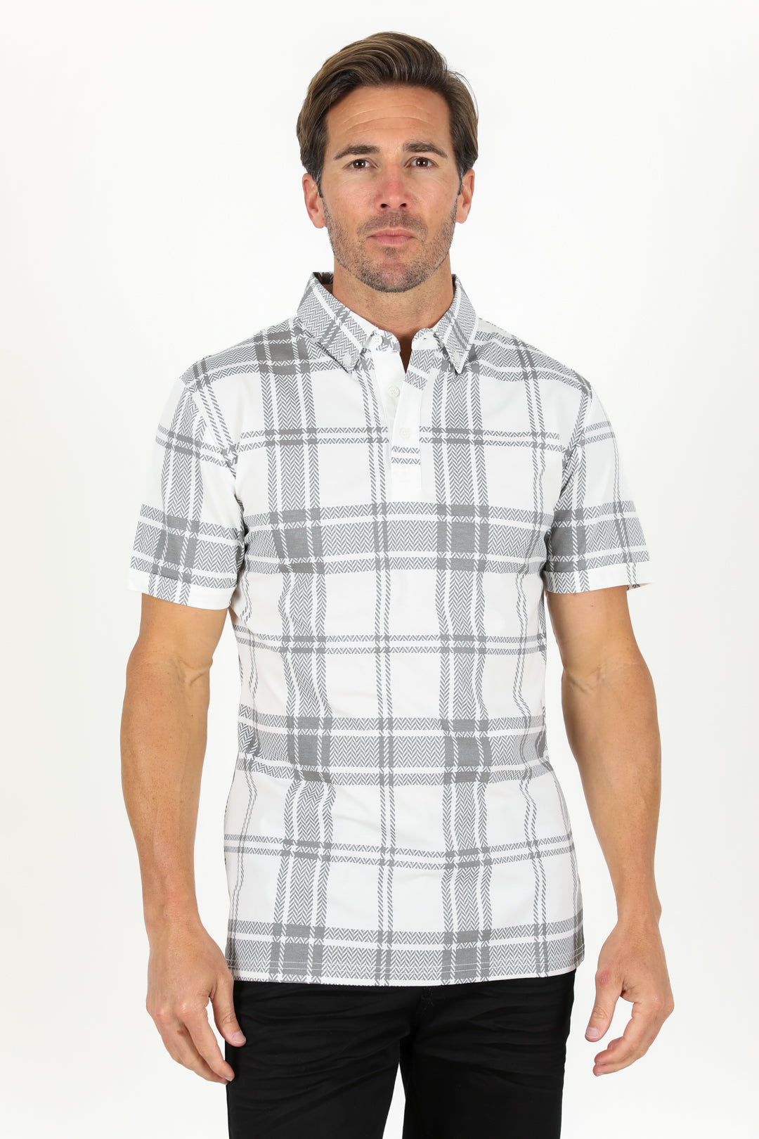white grey plaid polo front platini