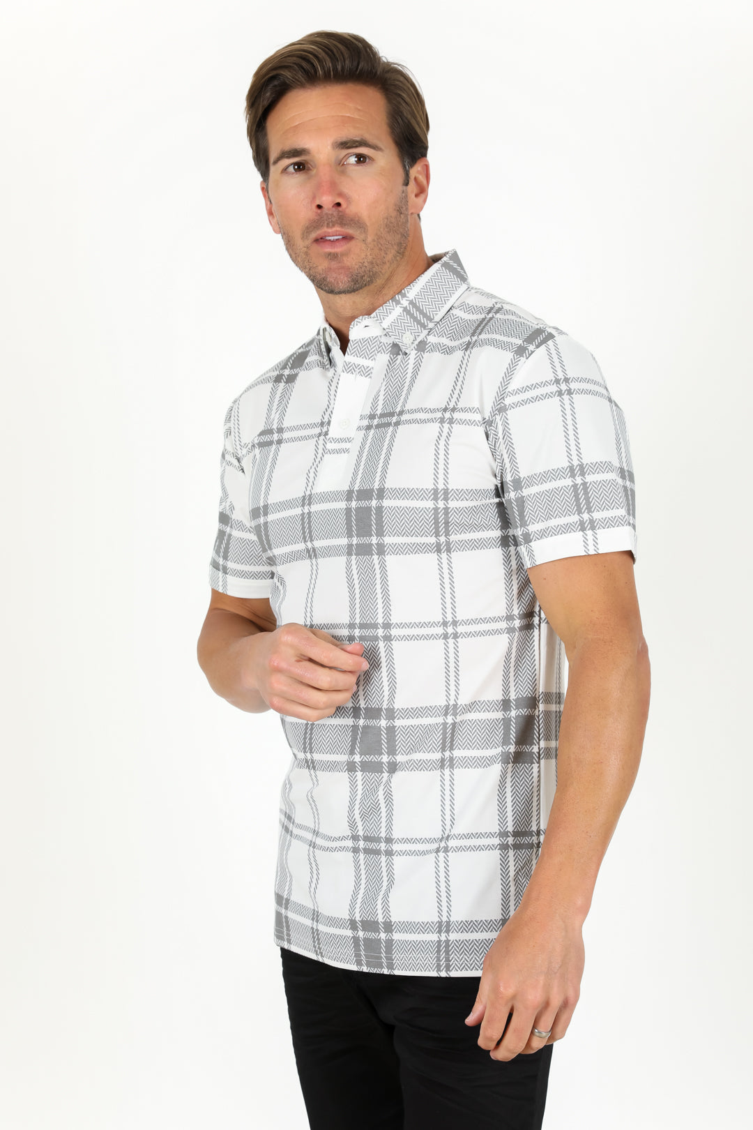 white grey plaid polo side platini