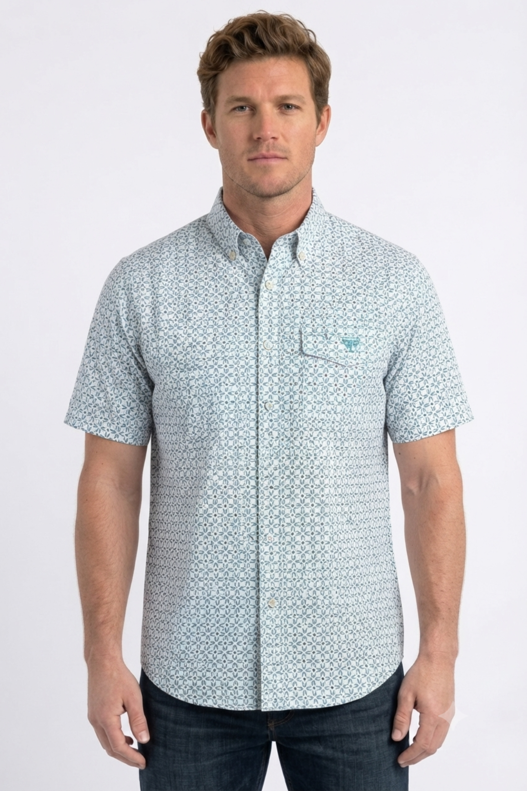 white stylized floral print performance shirt men platini front