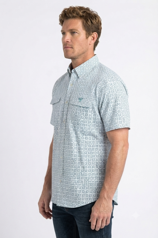 white stylized floral print performance shirt men platini back