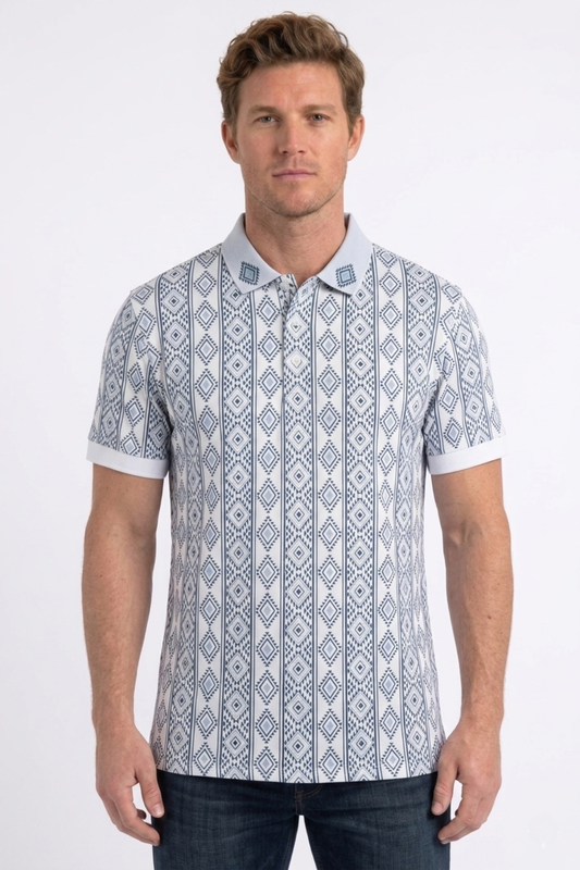 white vertical geo diamond print polo men platini front