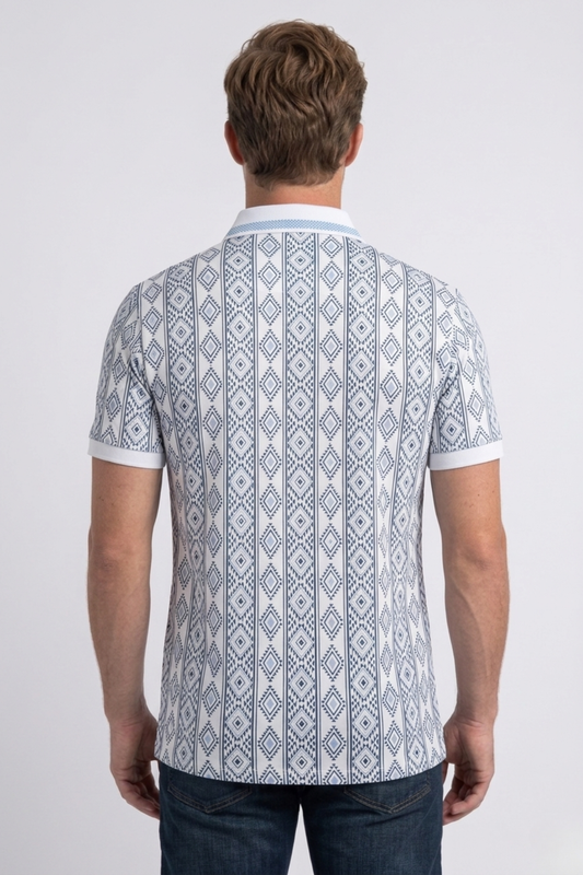 white vertical geo diamond print polo men platini back
