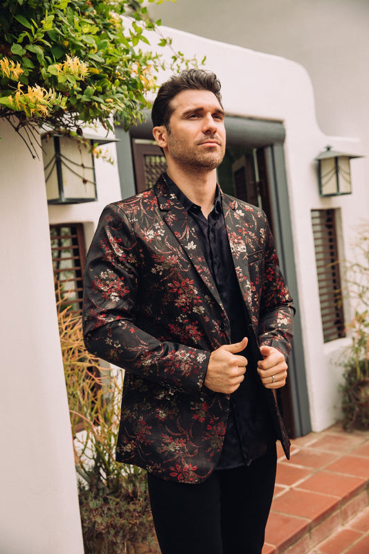 red double button floral print blazer men platini front
