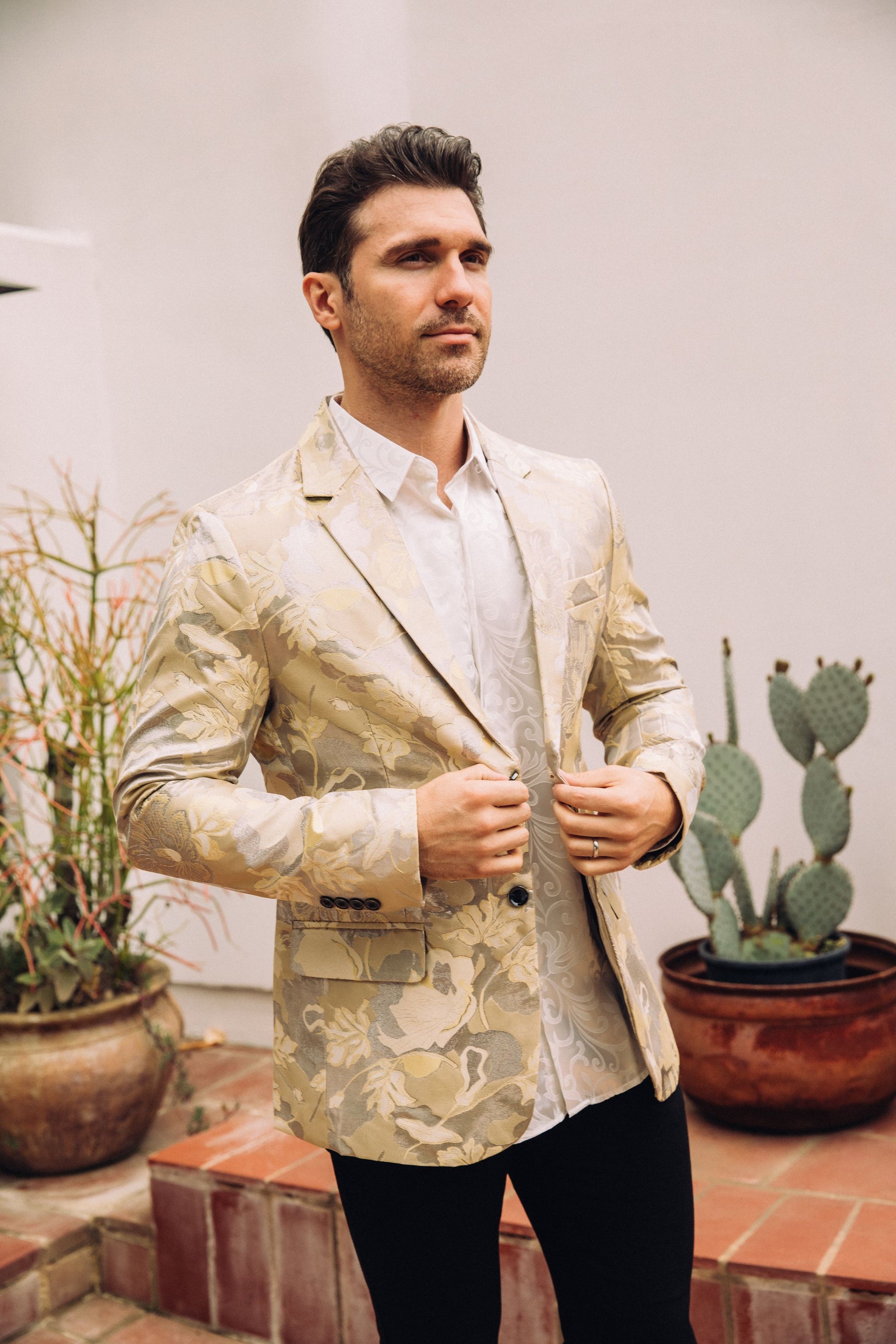 beige double button floral print blazer men platini front