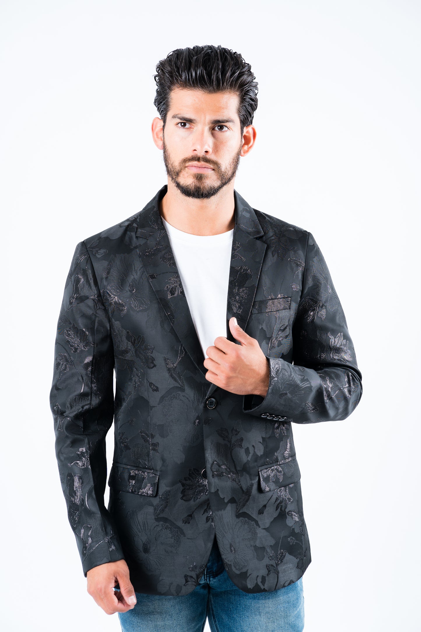 black ii double button floral print blazer men platini front