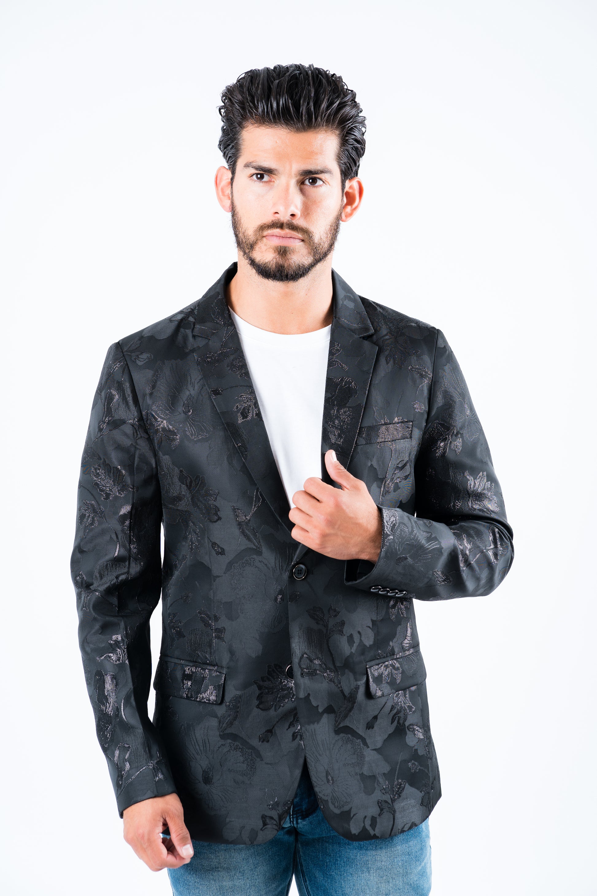 black ii double button floral print blazer men platini front