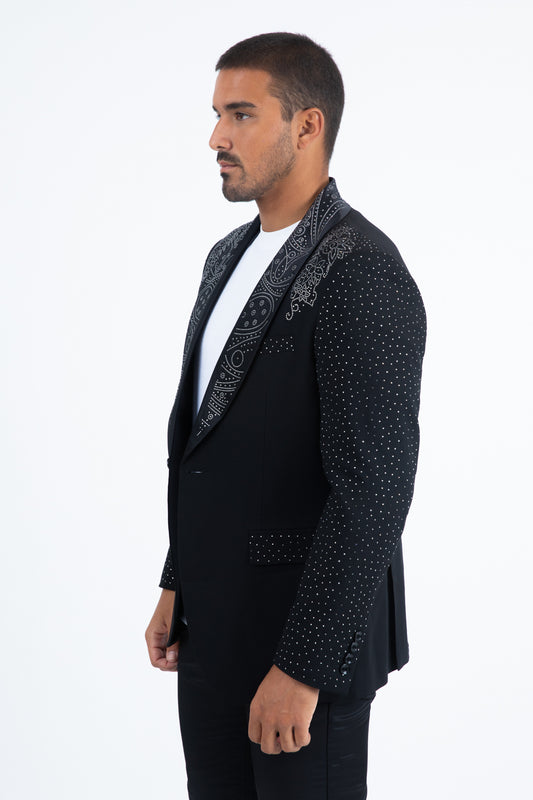 black double button rhinestone blazer men platini detail