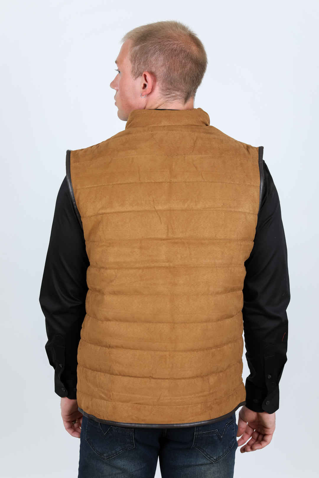 Men's Fur Lined Quilted Faux Suede Vest - Camel | Platini Fashion