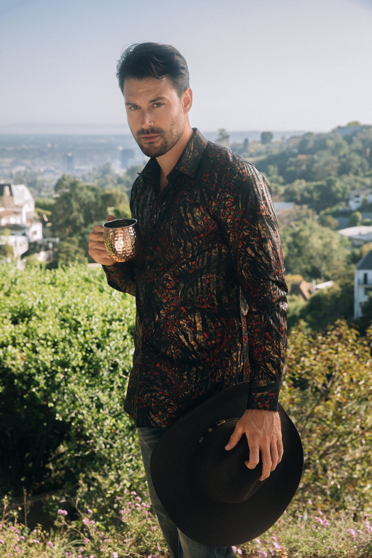 Mens Modern Fit Stretch Foil Fashion Black Shirt