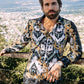 black satin ikat print rhinestone shirt men modern fit gold baroque