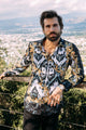 Men's Satin Ikat Print Shirt with Rhinestone Applique – Black