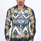 black satin ikat print rhinestone shirt men front