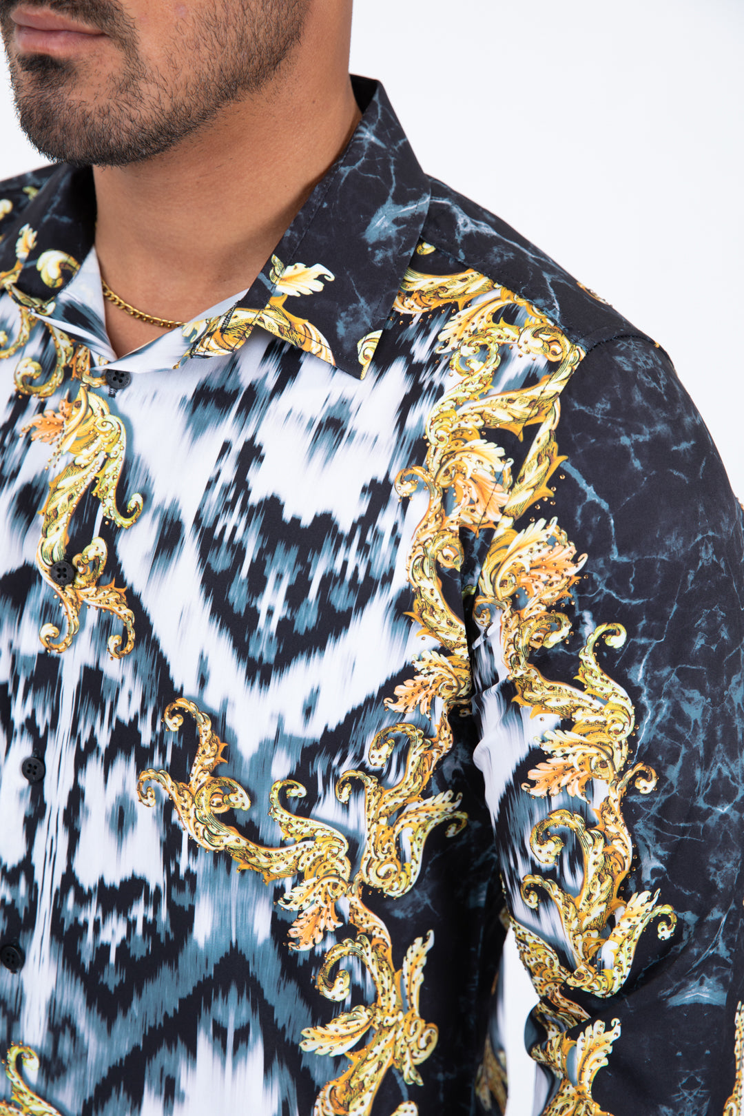 black satin ikat print rhinestone shirt men modern fit gold baroque detail